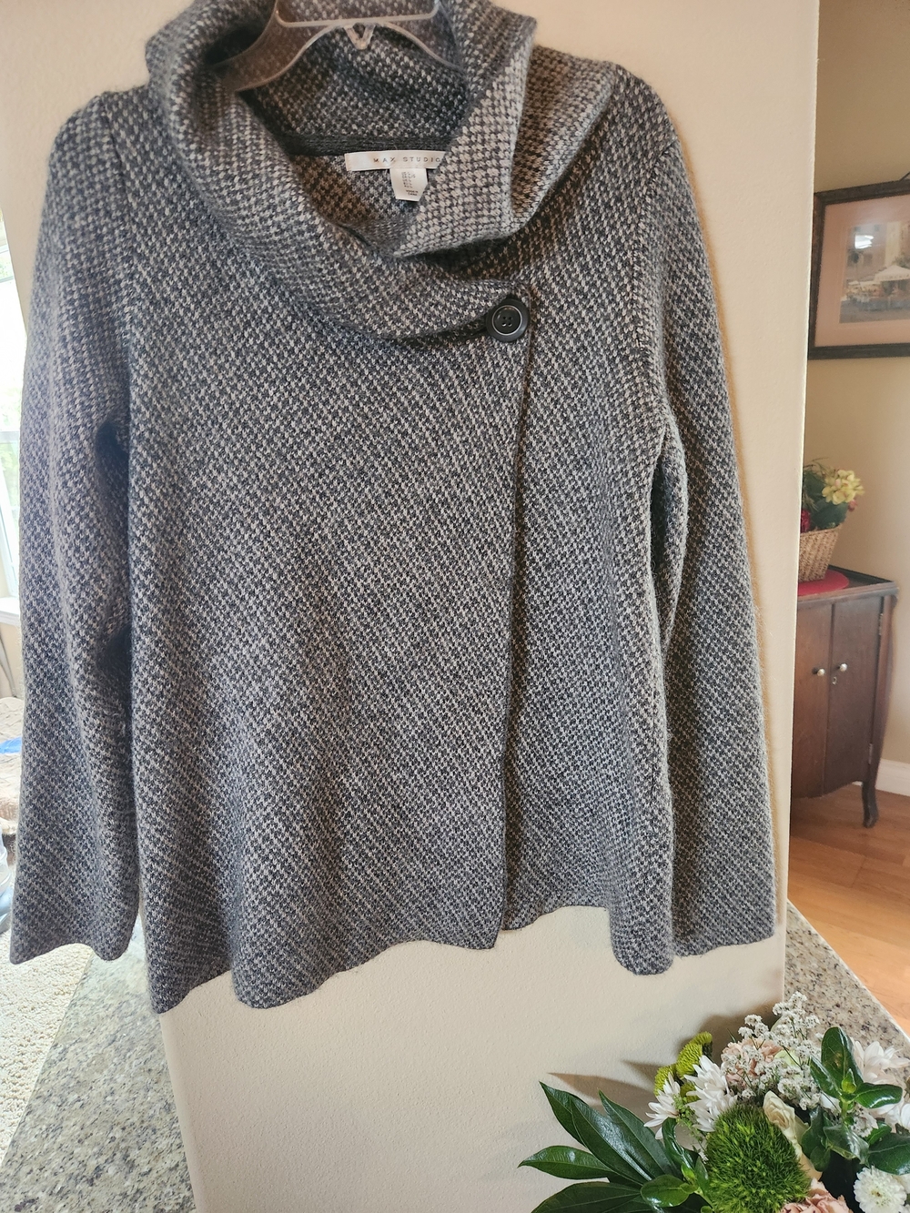 Max Studio Gray Marled Cowl Neck Button-Front Sweater